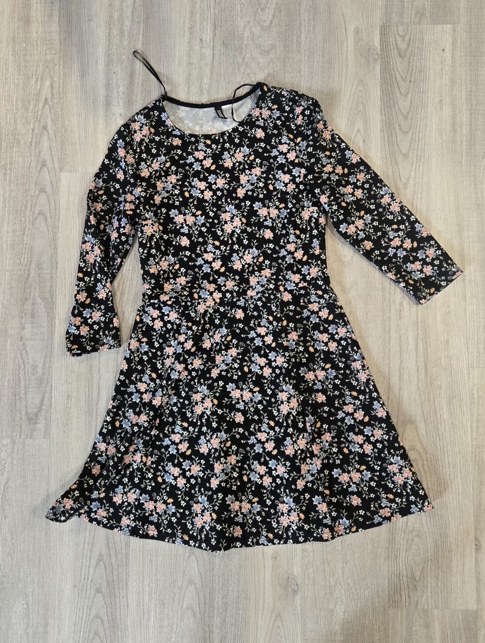 H&M Black Floral Dress with Pink and Light Blue Flowers, Size 8